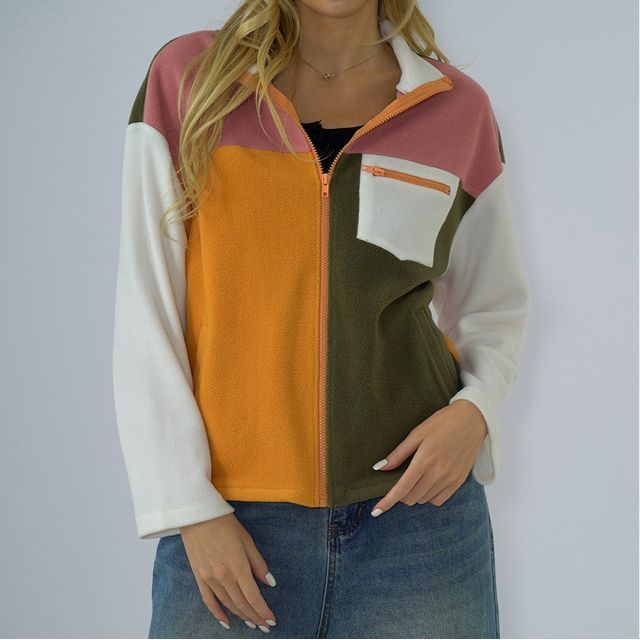 Stand Collar Color Block Zip Jacket CA1062