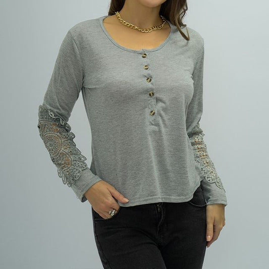 Langärmliges Henley-T-Shirt mit Stickerei, einfarbig, CA1065