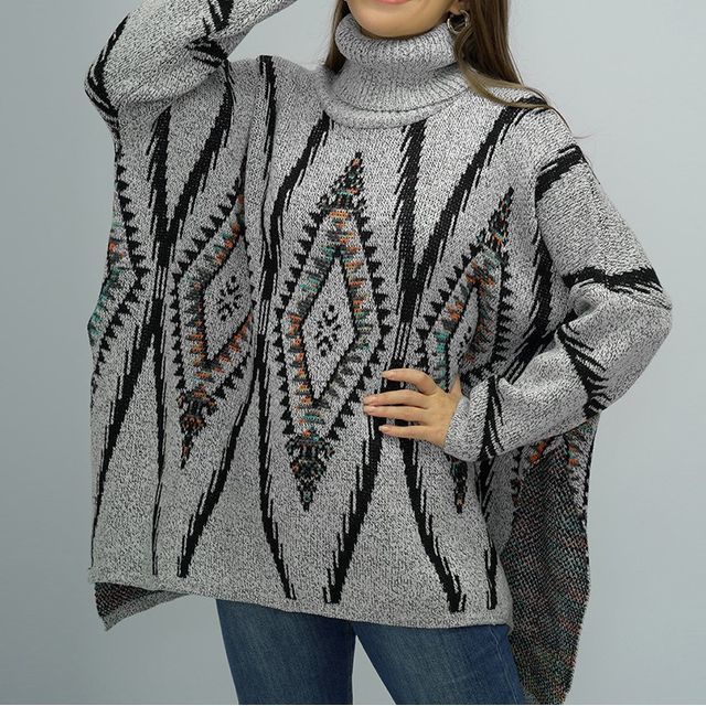 Turtleneck Patterned Slit Sweater CA1048