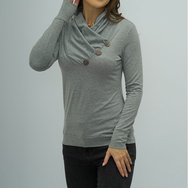 Long-Sleeve Plain Button Accent Slim Fit Tee CA1046