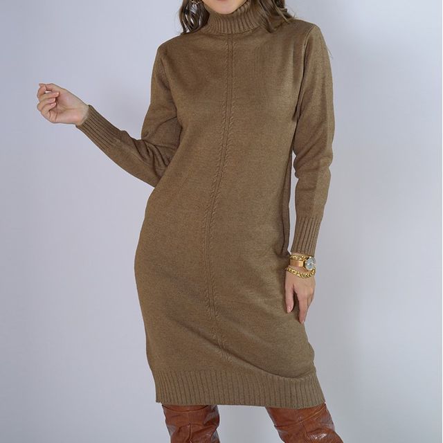 Turtleneck Plain Knit Sheath Dress CA1055