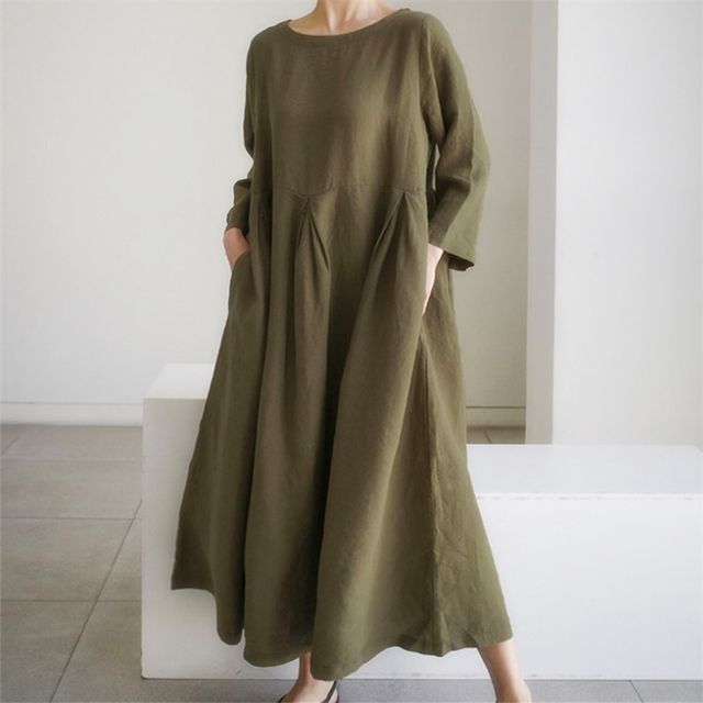 3/4-Sleeve Plain Maxi Smock Dress AO609