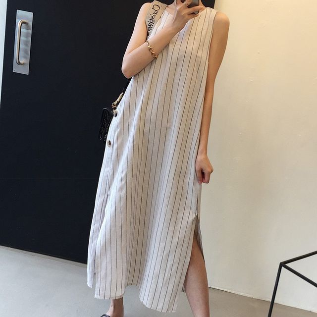 Sleeveless Striped Side-Slit Midi Sundress AO6036