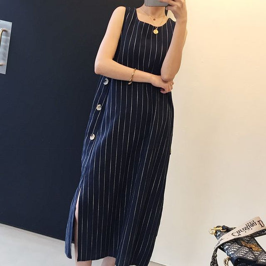 Sleeveless Striped Side-Slit Midi Sundress AO6036