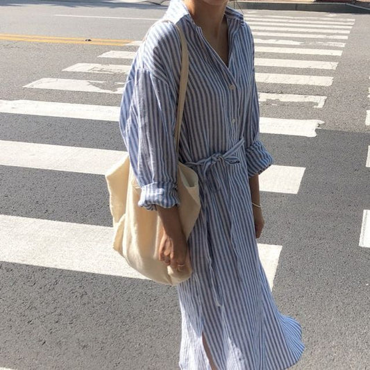 Long-Sleeve Striped Maxi Shirt Dress AO6027