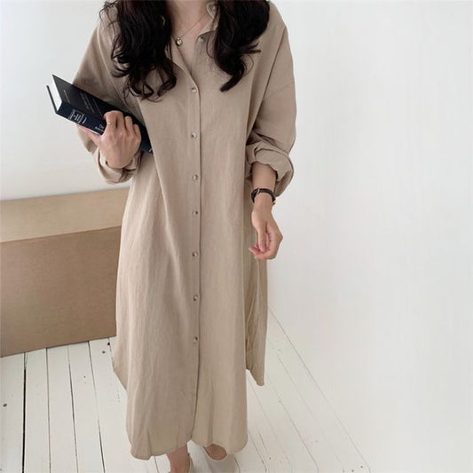 Long-Sleeve Linen Plain Midi Shirt Dress AO6035