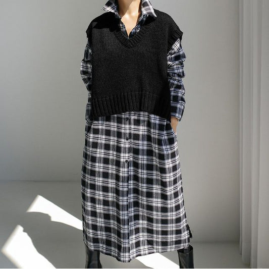 Long-Sleeve Plaid Maxi Shirt Dress AO6033