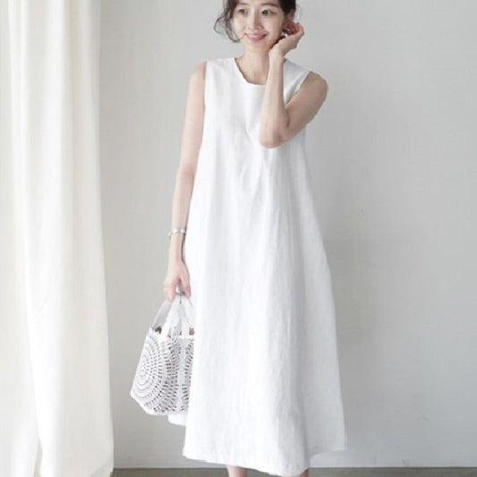 Sleeveless Crew Neck Plain Midi Smock Dress AH442