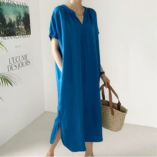 Short-Sleeve Notch Neck Plain Midi Smock Dress AO6018