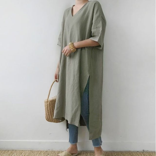 Elbow-Sleeve V-Neck Plain Midi Smock Dress AO6014