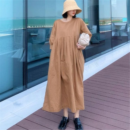 Puff-Sleeve Crew Neck Plain Midi Smock Dress AO6015