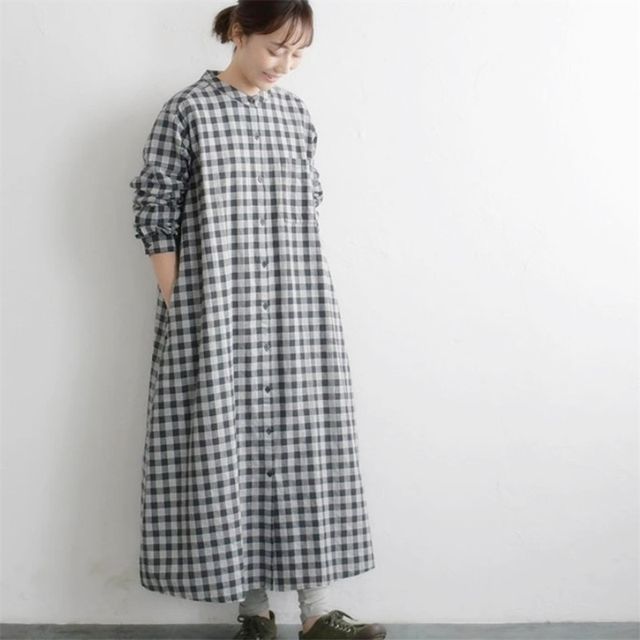 Long-Sleeve Gingham Midi Shirt Dress AO6020