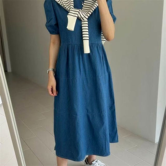 Puff-Sleeve Crew Neck Denim Midi A-Line Dress AO6019