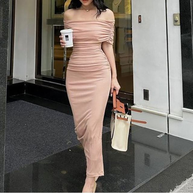 Long-Sleeve Off-Shoulder Plain Maxi Sheath Dress AH292