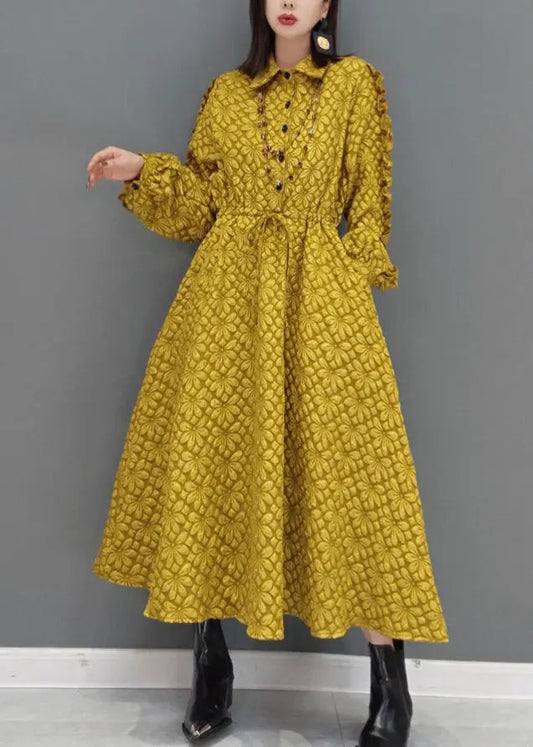 Yellow Jacquard Patchwork Cotton Dresses Ruffled Drawstring Fall Ada Fashion