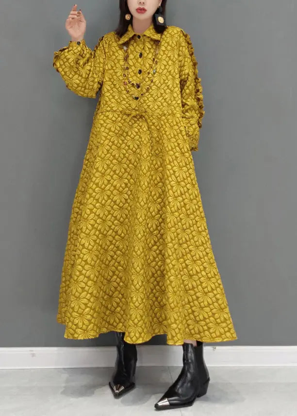 Yellow Jacquard Patchwork Cotton Dresses Ruffled Drawstring Fall Ada Fashion