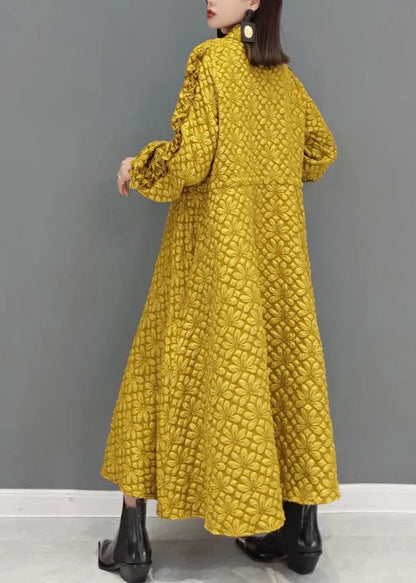 Yellow Jacquard Patchwork Cotton Dresses Ruffled Drawstring Fall Ada Fashion