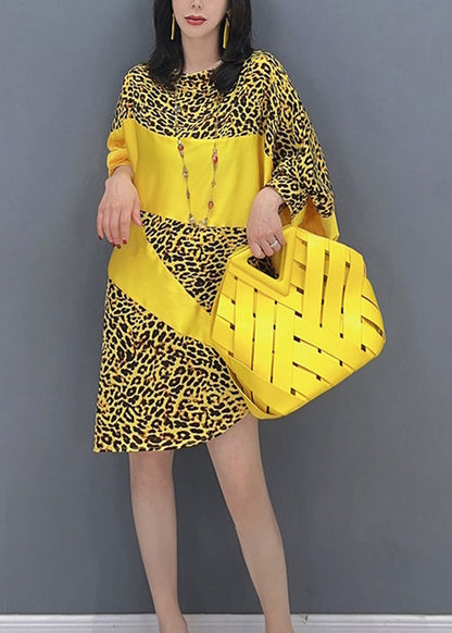 Robe longue patchwork léopard jaune à manches longues