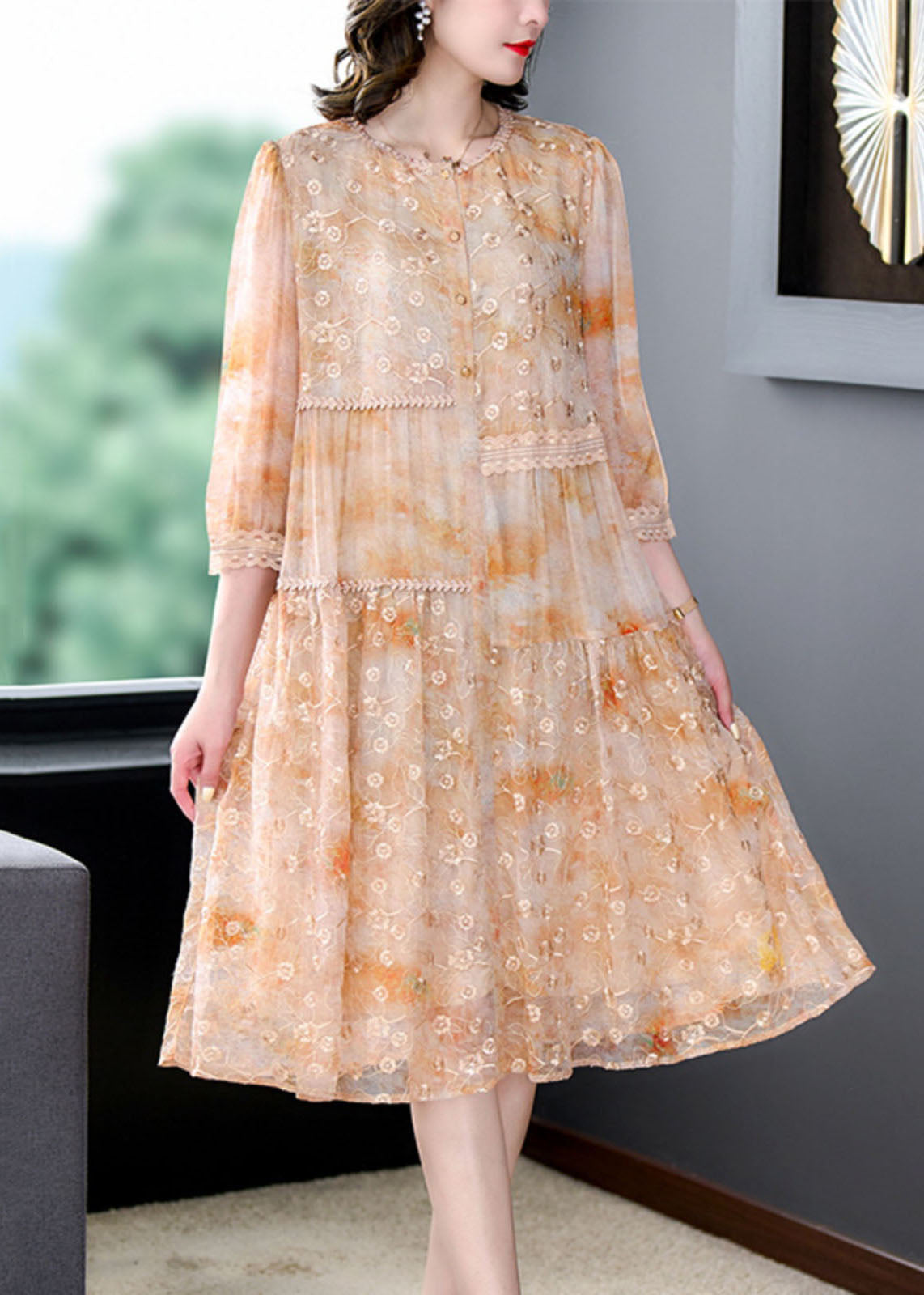 Yellow Patchwork Silk Dress Embroideried Wrinkled Summer Ada Fashion