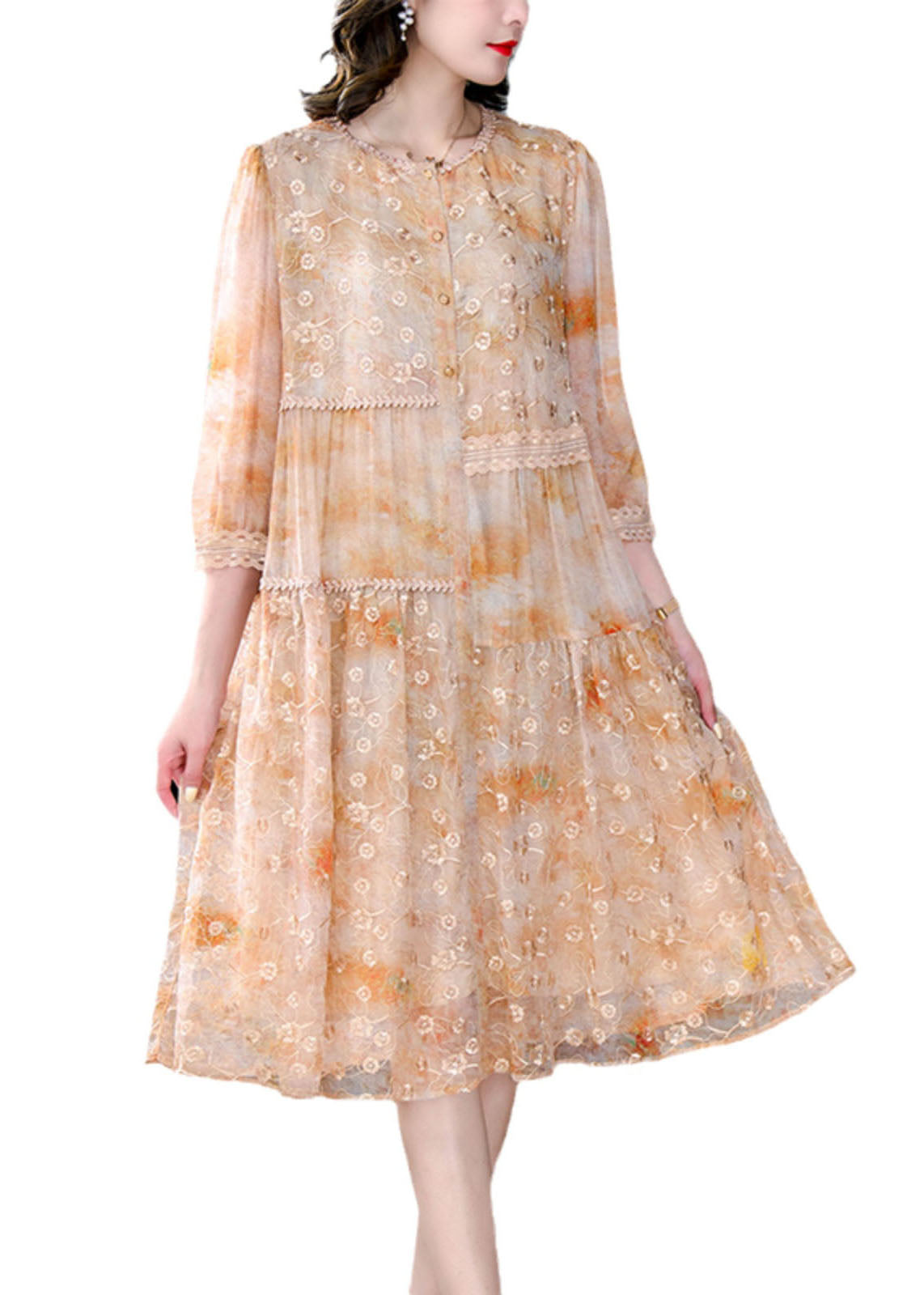 Yellow Patchwork Silk Dress Embroideried Wrinkled Summer Ada Fashion