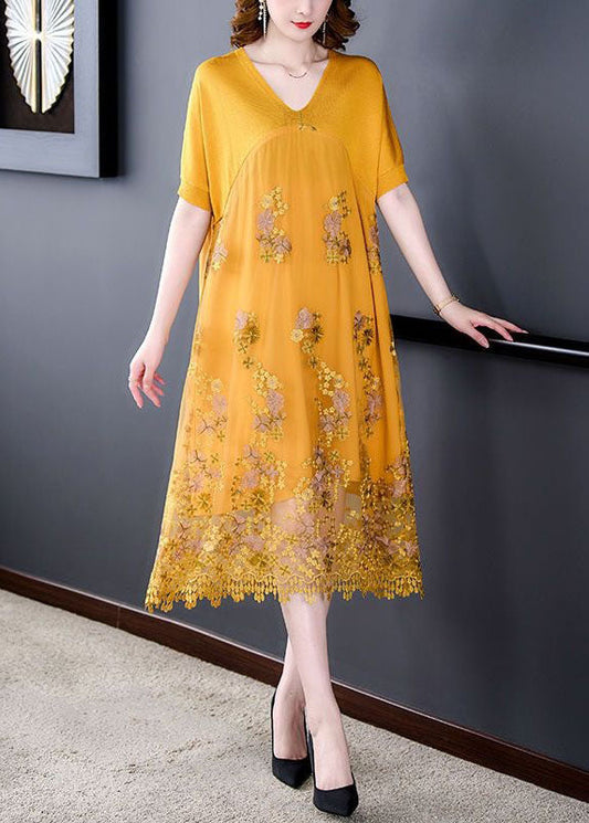 Yellow Patchwork Tulle Dresses Embroideried V Neck Summer LY4592