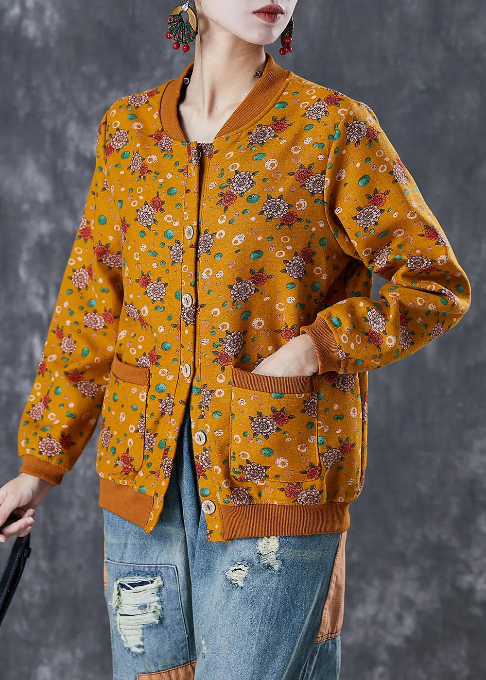 Yellow Print Warm Fleece Jacket Oversized Pockets Winter Ada Fashion