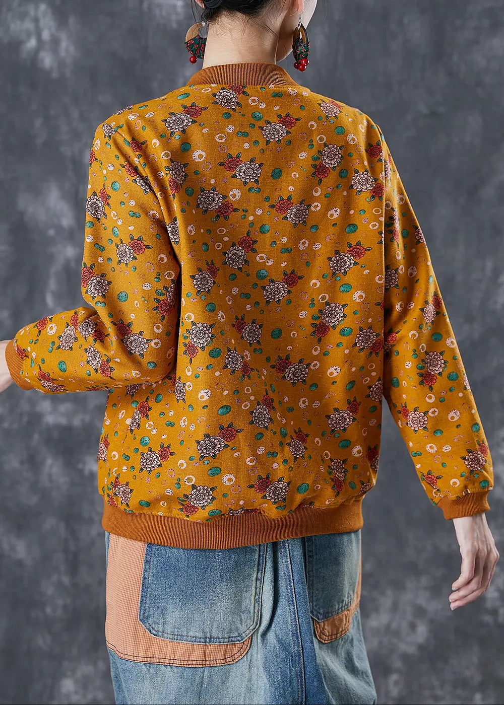 Yellow Print Warm Fleece Jacket Oversized Pockets Winter Ada Fashion