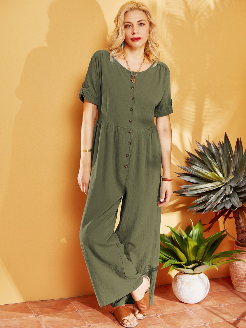 Solid Short Sleeve Casual Romper Jumpsuit wide leg pants CM91