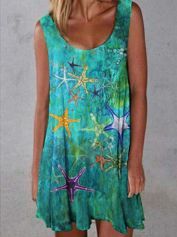 Crew Neck Designer oil painting starfish print dress  WF71