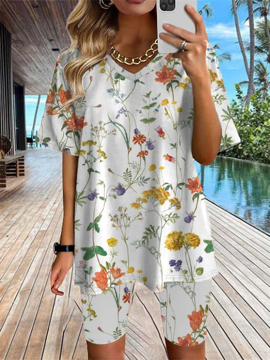 V Neck Cotton Casual Loose Two-Piece Set  QF93