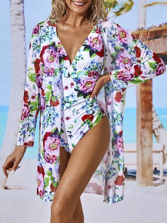 Maillot de bain une pièce élégant à imprimé floral et col en V QAJ51