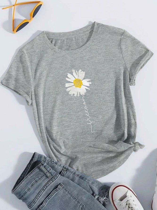 Lockeres T-Shirt mit Rundhalsausschnitt und Blumenmuster für den Urlaub mit Blumen- und Buchstabengrafik cc180