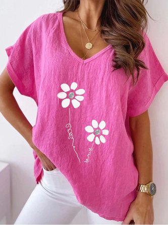 Casual Floral V Neck Loosen Short Sleeve Top MMq21