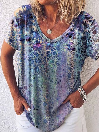 Casual Geometric Abstract Floral Printed Loosen Short Sleeve Tunic T-Shirt MMq60