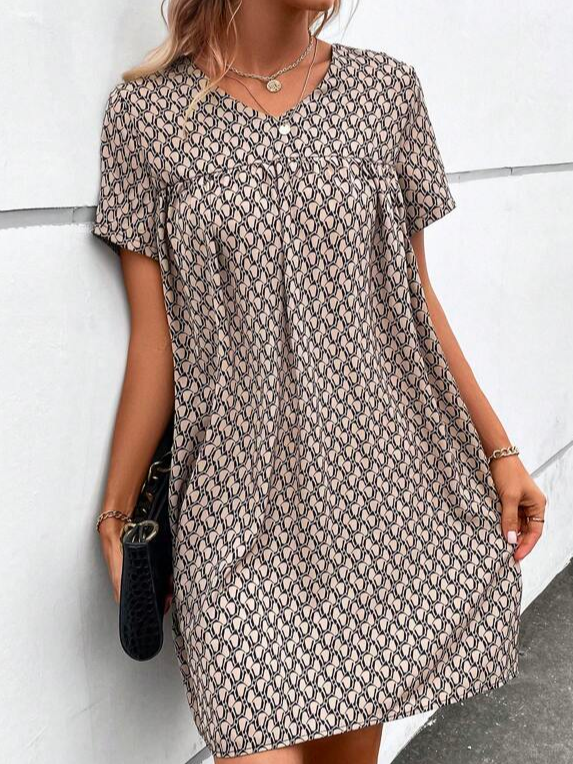 Geometric Elegant Cotton V Neck Allover Print V Neck Smock Dress  WC115