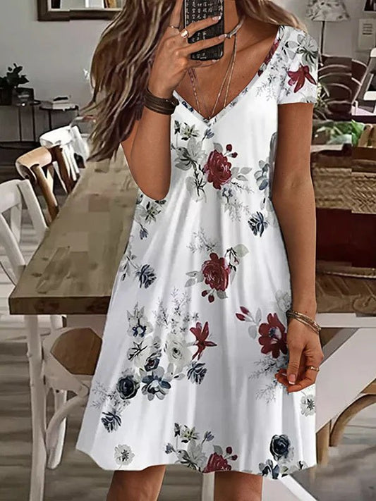 Boho Floral V neck Short Sleeve Knit Dress AH306