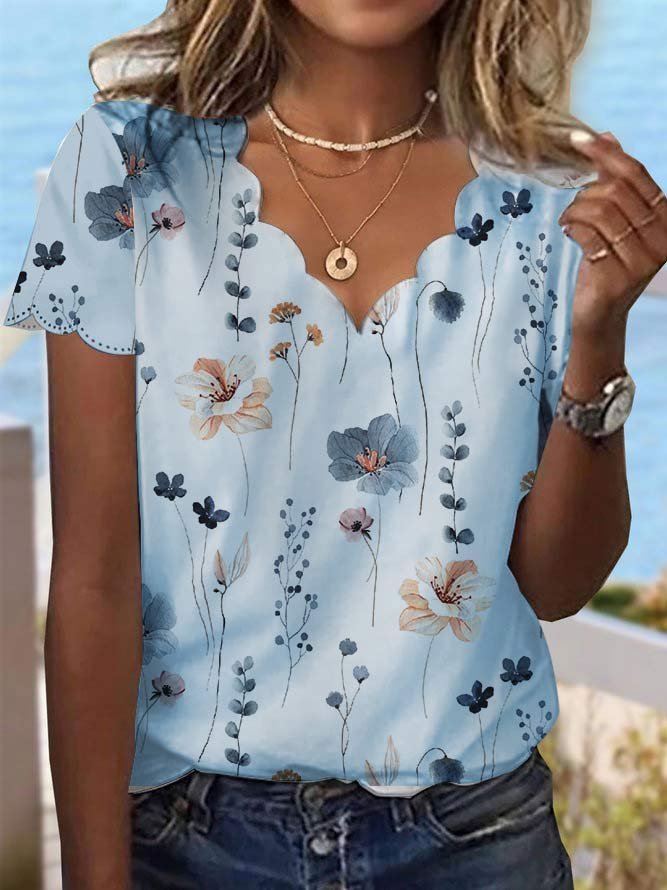 T-Shirt mit Blumenmuster und Muschelkragen für Sommerdesserts cc187