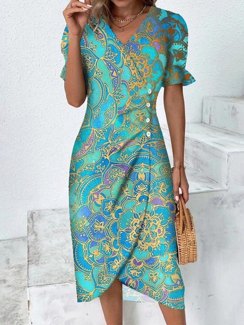 Ethnic V Neck Elegant Dress AA46