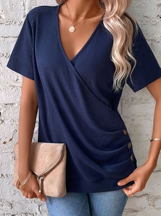 Plain V Neck Casual Front Criss-Cross Button Detail T-Shirt MMq46