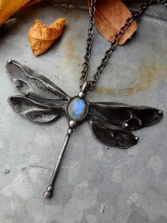 Ethnic Natural Opal Dragonfly Pattern Pendant Necklace Everyday Vintage Jewelry QAR49