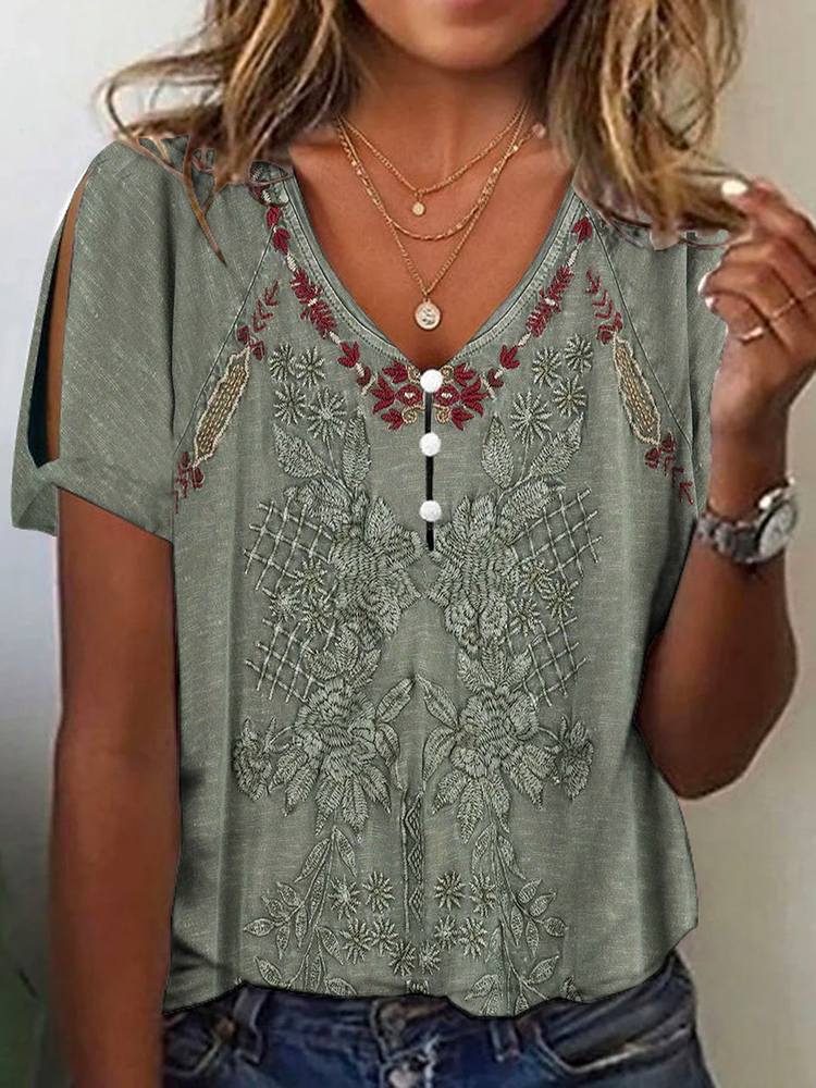 Casual V Neck Ethnic Buttoned Shirt  QH66