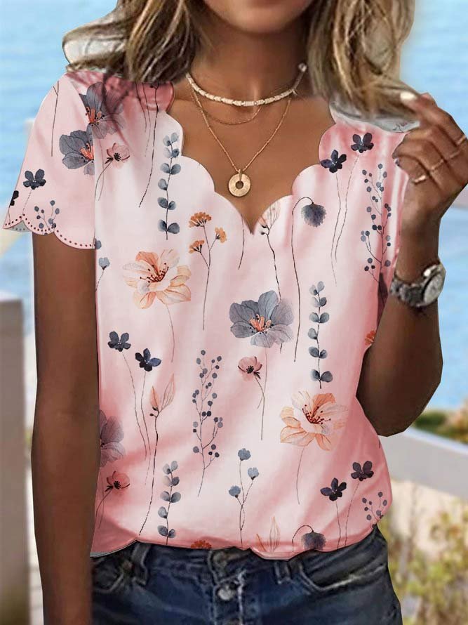 T-Shirt mit Blumenmuster und Muschelkragen für Sommerdesserts cc187