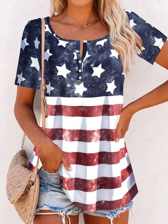 America Flag Printed Buckle Casual Jersey Tunic T-Shirt MMq54