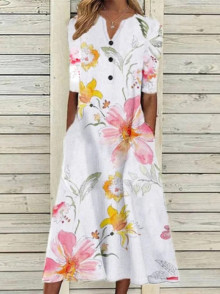 Floral Casual V Neck Half Sleeve Buttoned Pockets A-line Dress  QV113