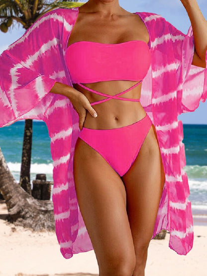 Maillot de bain trois pièces sexy à imprimé tie-dye et col rond QAJ27