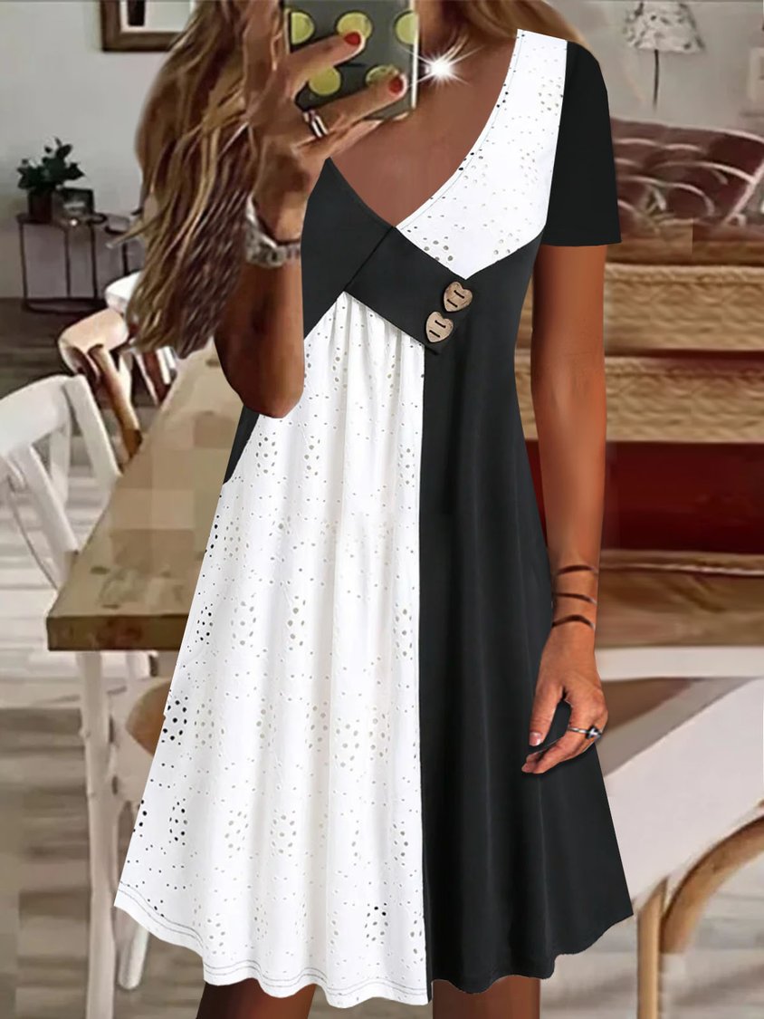 Casual V Neck Color-block Jersey Embroidery Dress EE28