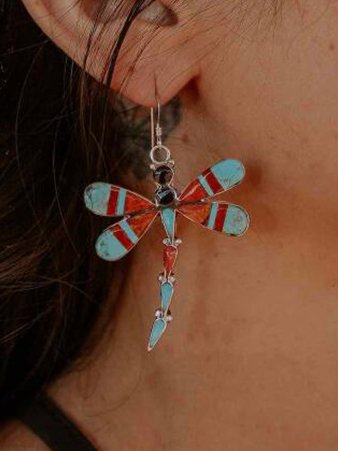 Ethnic Colorful Dragonfly Pattern Earrings Vintage Style Jewelry CC6