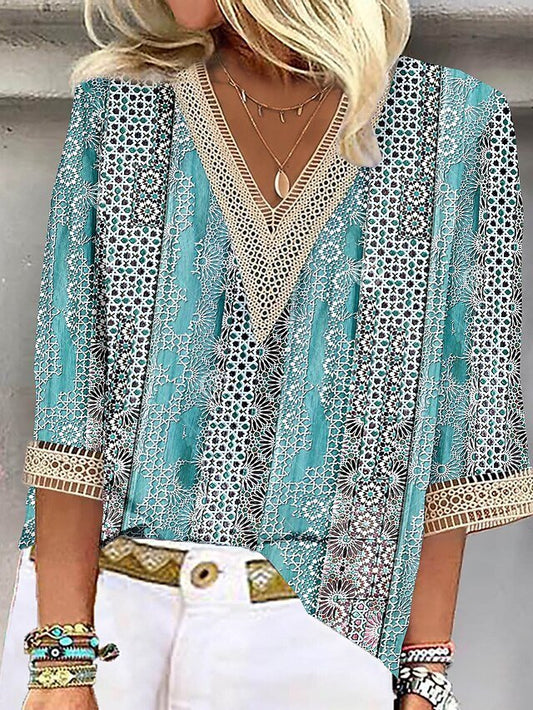 Freizeithemd aus Baumwolle mit V-Ausschnitt und Spitze im Farbblockdesign QH74