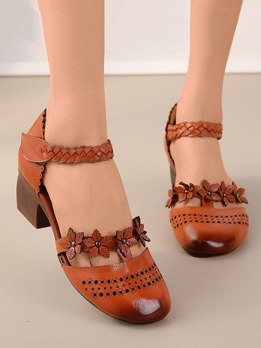 Vintage Applique Decor Braided Block Heel Cowhide Leather Sandals QAF5