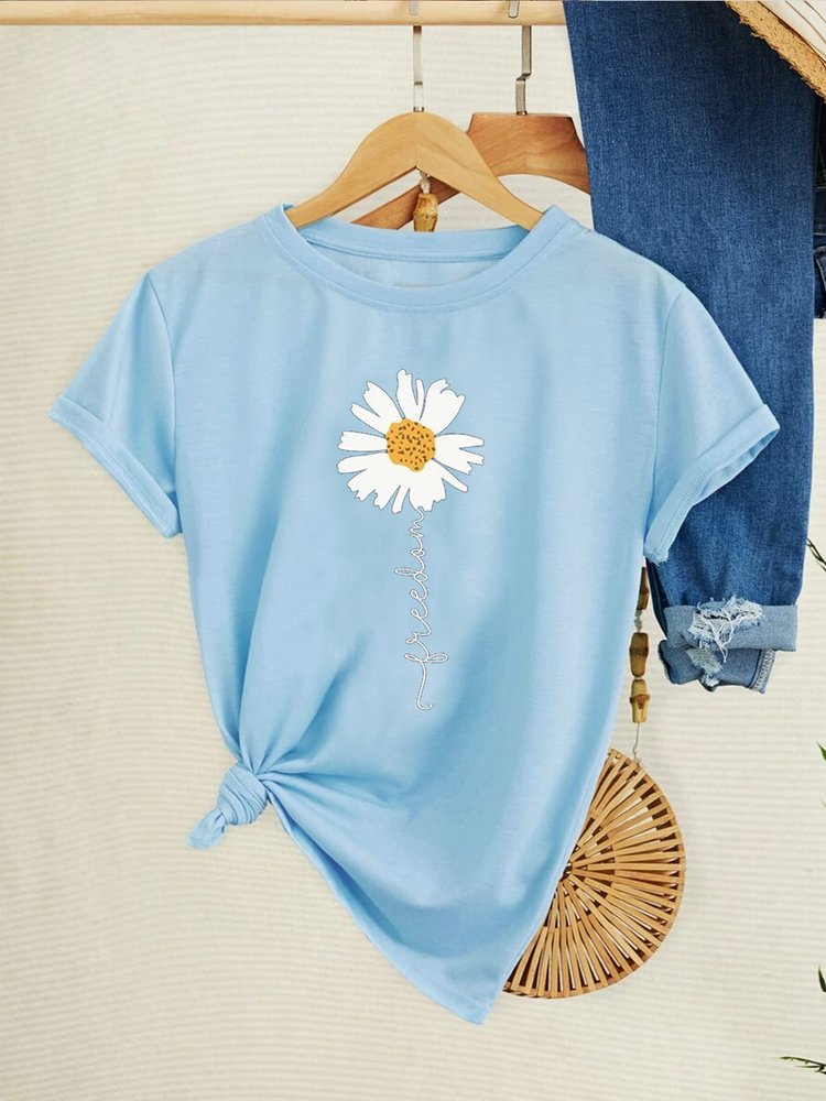 Lockeres T-Shirt mit Rundhalsausschnitt und Blumenmuster für den Urlaub mit Blumen- und Buchstabengrafik cc180